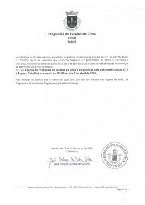 Edital 2026/2 - Encerramento de Junta de Freguesia e seus servi&ccedil;os