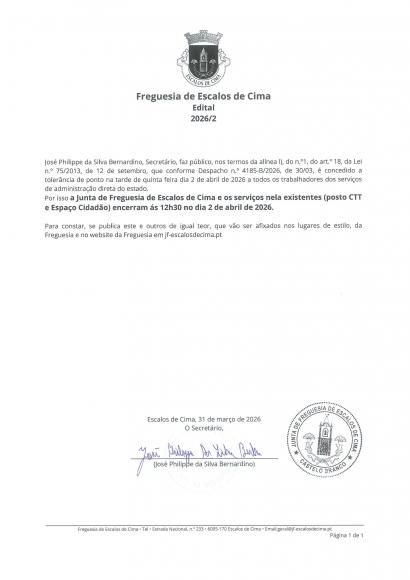 Edital 2026/2 - Encerramento de Junta de Freguesia e seus servi&ccedil;os